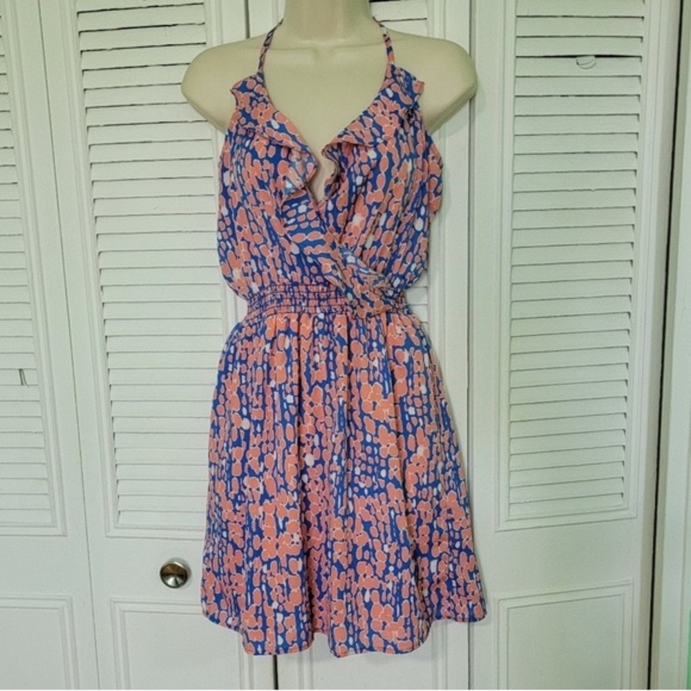 Aqua Ruffle Wrap Front Mini Dress Orange Blue Print‎ Sleeveless XS